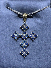 LIV 14k Solid Yellow Gold Natural White Diamonds & Blue Sapphire Cross Pendant