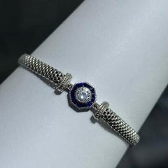 LIV Platinum Sterling Silver Blue Sapphire Hexagon Halo Mesh Tennis Bracelet 7" Gift