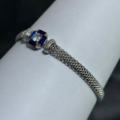 LIV Platinum Sterling Silver Blue Sapphire Cushion Halo Mesh Tennis Bracelet 7" Gift