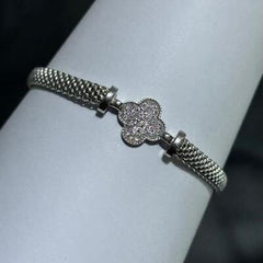 LIV Platinum Sterling Silver White Sapphire Clover Halo Mesh Tennis Bracelet 7" Gift
