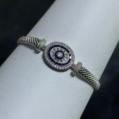 LIV Platinum Sterling Silver Blue Sapphire Oval Halo Mesh Tennis Bracelet 7" Length