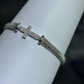 LIV Platinum Sterling Silver White Sapphire Pave Cross Mesh Tennis Bracelet 7" L