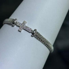LIV Platinum Sterling Silver White Sapphire Pave Cross Mesh Tennis Bracelet 7" L