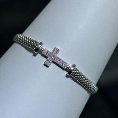 LIV Platinum Sterling Silver White Sapphire Pave Cross Mesh Tennis Bracelet 7" L