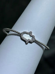 LIV Platinum Sterling Silver Pave White Sapphire Mother of Pearl Hamsa Hand Bracelet
