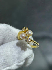 LIV 18k Yellow Gold & Diamonds Double Pearl Halo Design Floral Band Ring Sz 6.75