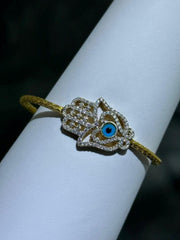 LIV 18k Gold Sterling Silver Pave White Sapphire Evil Eye Hamsa Hand Cable Bracelet