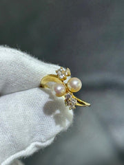 LIV 18k Yellow Gold & Diamonds Double Pearl Halo Design Floral Band Ring Sz 6.75