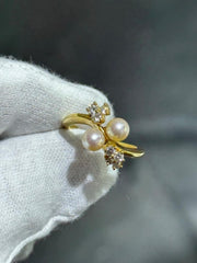 LIV 18k Yellow Gold & Diamonds Double Pearl Halo Design Floral Band Ring Sz 6.75