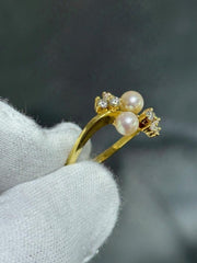 LIV 18k Yellow Gold & Diamonds Double Pearl Halo Design Floral Band Ring Sz 6.75