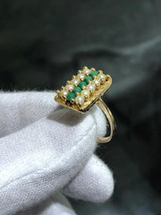 LIV 14k Yellow Gold & Natural Green Emeralds Pearls Rectangular Halo Band Ring Sz 7