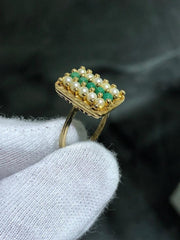 LIV 14k Yellow Gold & Natural Green Emeralds Pearls Rectangular Halo Band Ring Sz 7
