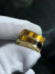 LIV 18k Yellow Gold Reversible Cigar Band Tiger Eye Green Onyx Stone Wide Ring Sz6.5