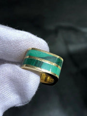 LIV 18k Yellow Gold Reversible Cigar Band Tiger Eye Green Onyx Stone Wide Ring Sz6.5