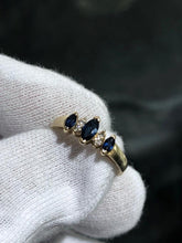 LIV 14k Yellow Gold Diamonds Blue Sapphire Marquise Vintage Halo Band Ring Size 6.75