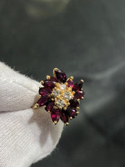 LIV 14k Yellow Gold Diamonds & Red Ruby Marquise Vintage Halo Cocktail Ring Sz 6.5