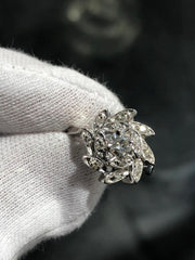 LIV 14k White Gold & Diamonds Round Cut Flower Design Vintage Halo Band Ring Size 6