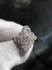 LIV 14k White Gold & Diamonds Pave Rectangular Vintage Halo Band Ring Size 5.5 Gift