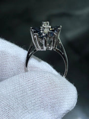 LIV 14k White Gold Diamonds & Blue Sapphire Cocktail Design Vintage Band Ring Size 6