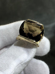 LIV 14k Yellow Gold Natural Smoky Topaz Large Cushion Design Band Ring Sz 6 Gift