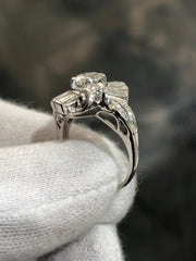 LIV 14k White Gold & Natural Diamonds Vintage Halo Baguette Band Ring Sz 6.5 Gift