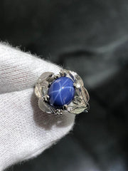 LIV 14k White Gold & Diamonds Blue Star Sapphire Halo Design Band Ring Sz 6 Gift