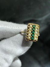 LIV 14k Yellow Gold & Natural Green Emeralds Pearls Rectangular Halo Band Ring Sz 7