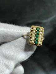 LIV 14k Yellow Gold & Natural Green Emeralds Pearls Rectangular Halo Band Ring Sz 7
