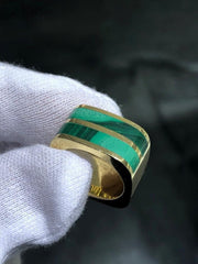 LIV 18k Yellow Gold Reversible Cigar Band Tiger Eye Green Onyx Stone Wide Ring Sz6.5