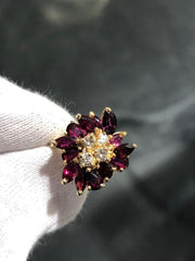 LIV 14k Yellow Gold Diamonds & Red Ruby Marquise Vintage Halo Cocktail Ring Sz 6.5