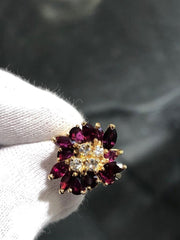 LIV 14k Yellow Gold Diamonds & Red Ruby Marquise Vintage Halo Cocktail Ring Sz 6.5
