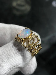 LIV 14k Yellow Gold Oval Cut White Opal Vintage Halo Band Ring Size 5.5 Gift