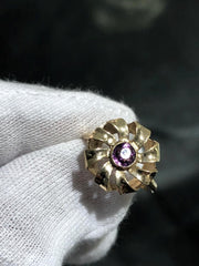 LIV 14k Yellow Gold Round Cut Purple Amethyst Vintage Halo Band Ring Size 6.25 Gift