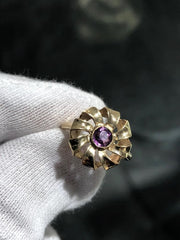 LIV 14k Yellow Gold Round Cut Purple Amethyst Vintage Halo Band Ring Size 6.25 Gift