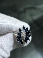 LIV 14k White Gold Diamonds & Blue Sapphire Cocktail Design Vintage Band Ring Size 6