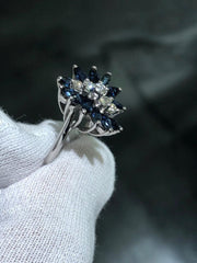 LIV 14k White Gold Diamonds & Blue Sapphire Cocktail Design Vintage Band Ring Size 6