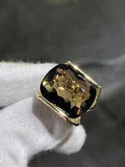LIV 14k Yellow Gold Natural Smoky Topaz Large Cushion Design Band Ring Sz 6 Gift