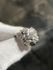 LIV 14k White Gold & Natural Diamonds Vintage Halo Baguette Band Ring Sz 6.5 Gift