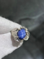 LIV 14k White Gold & Diamonds Blue Star Sapphire Halo Design Band Ring Sz 6 Gift