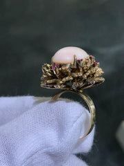 LIV 14k Solid Yellow Gold Large Oval Angel Coral & Red Ruby Cabochon Ring Size 7