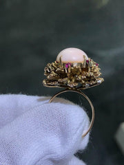 LIV 14k Solid Yellow Gold Large Oval Angel Coral & Red Ruby Cabochon Ring Size 7