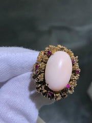 LIV 14k Solid Yellow Gold Large Oval Angel Coral & Red Ruby Cabochon Ring Size 7