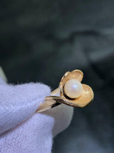 LIV 14k Solid Yellow Gold Round Pearl Flower Halo Design Vintage Band Ring Size 6