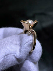 LIV 14k Solid Yellow Gold Round Pearl Flower Halo Design Vintage Band Ring Size 6