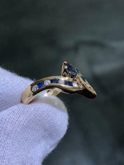 LIV 14k Solid Yellow Gold Round Diamonds & Blue Sapphire Vintage Band Ring Size 7