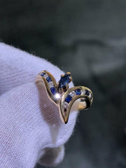 LIV 14k Solid Yellow Gold Round Diamonds & Blue Sapphire Vintage Band Ring Size 7