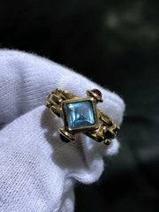 LIV 14k Solid Yellow Gold Round Blue Topaz & Red Ruby Cabochon Vintage Halo Ring Size 7