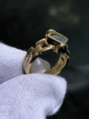 LIV 14k Solid Yellow Gold Round Blue Topaz & Red Ruby Cabochon Vintage Halo Ring Size 7