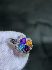 LIV 14k Solid White Gold Diamonds & Multi Gemstone Flower Design Halo Ring Size 4.75
