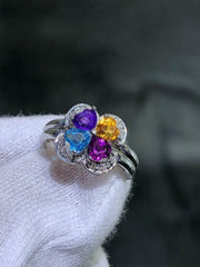 LIV 14k Solid White Gold Diamonds & Multi Gemstone Flower Design Halo Ring Size 4.75